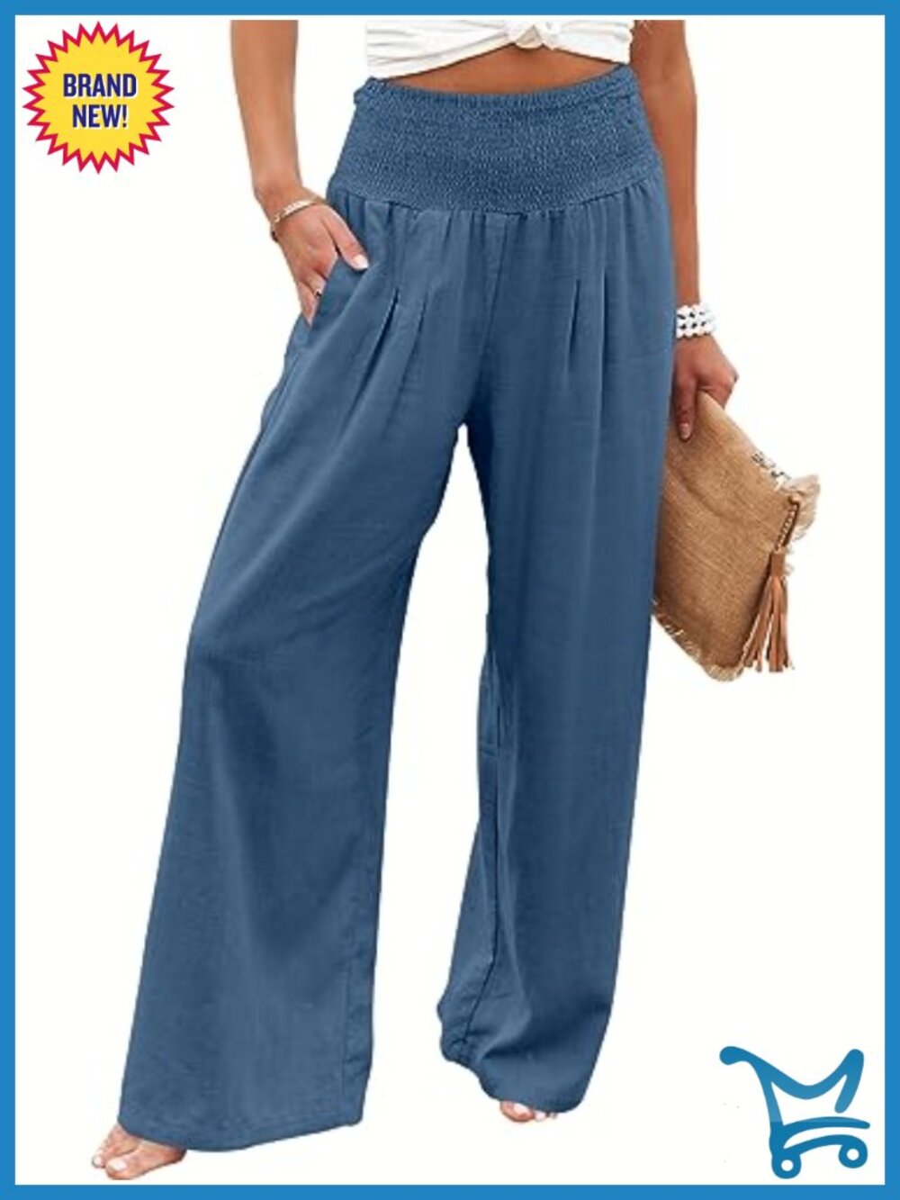 Women Linen Palazzo Wide Leg Pants with Pockets Smocked High Waist Ankle